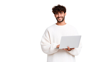 smiling young man with curly hair using laptop computer casual white sweater