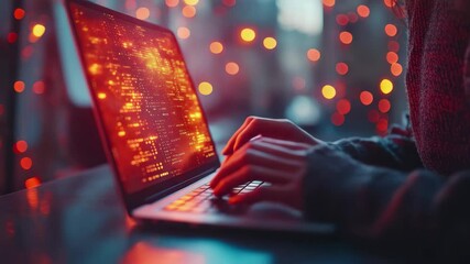 Coding on laptop computer with orange code and bokeh lights for developer programmer software engineer