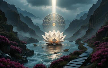 Mystical Glowing Lotus in Misty River Gorge: Ethereal Bloom Under Divine Light, Surrounded by Surreal Pink Flora, Celestial Symbols & Snow-Capped Peaks