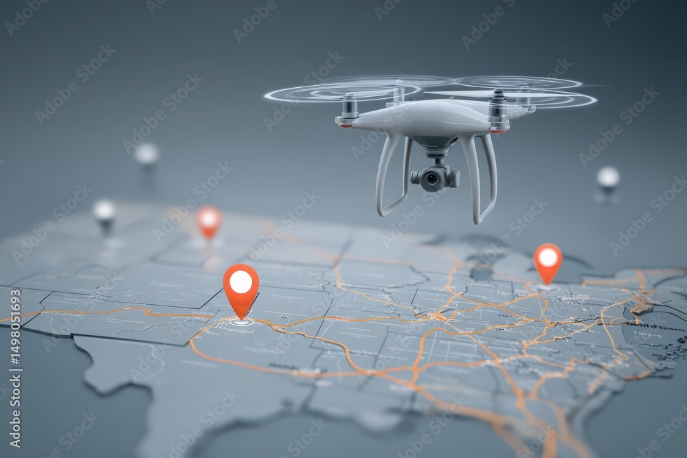 A drone hovers above a detailed map highlighting various locations with markers. The setup suggests a planning session for aerial surveys or inspections. The map shows urban and rural areas.