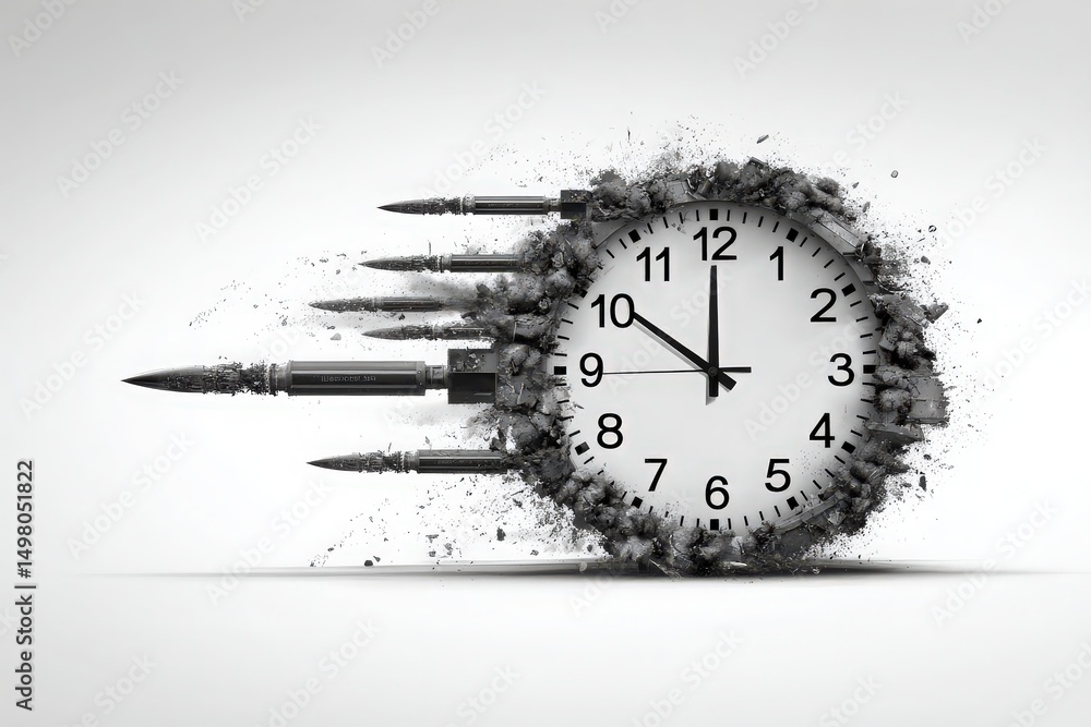 A clock with a white face displays the time, surrounded by bullets and dust. This artistic representation conveys a strong sense of urgency, highlighting the theme of time in a unique manner.