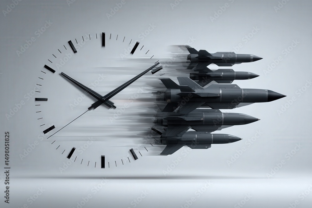 A creative representation features missiles in motion, launching from a clock face. The image symbolizes urgency and the passage of time, showcasing a powerful fusion of elements.