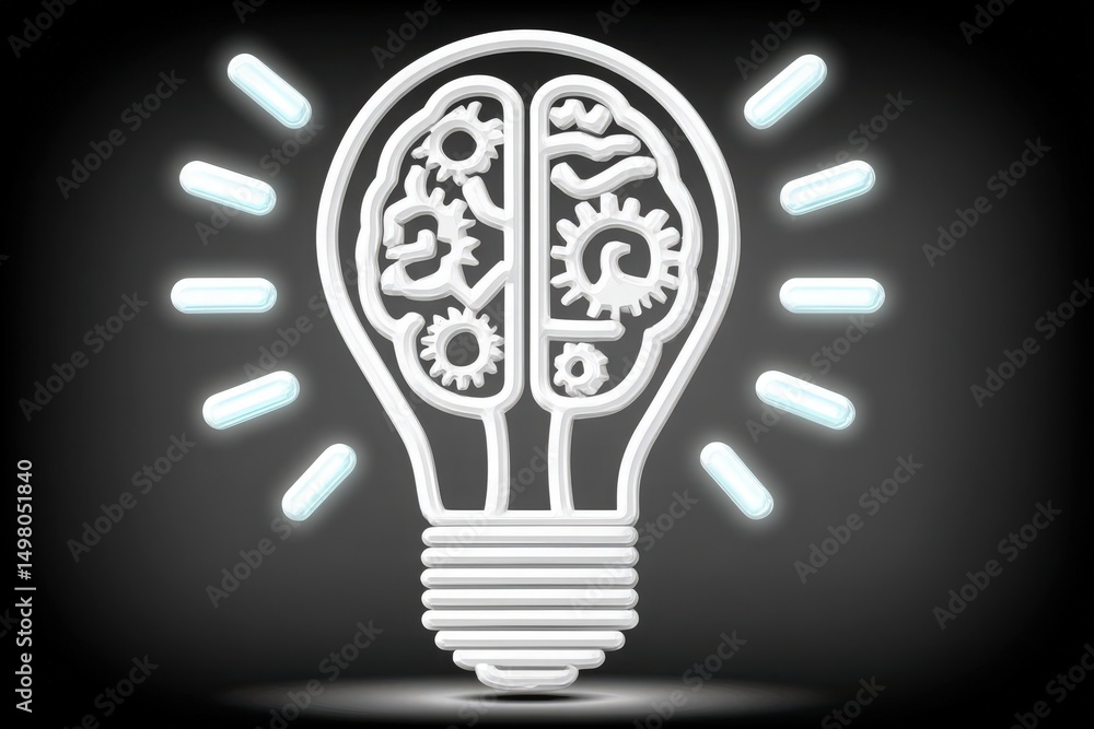 A light bulb design showcases a brain filled with gears, symbolizing creativity and problem-solving.