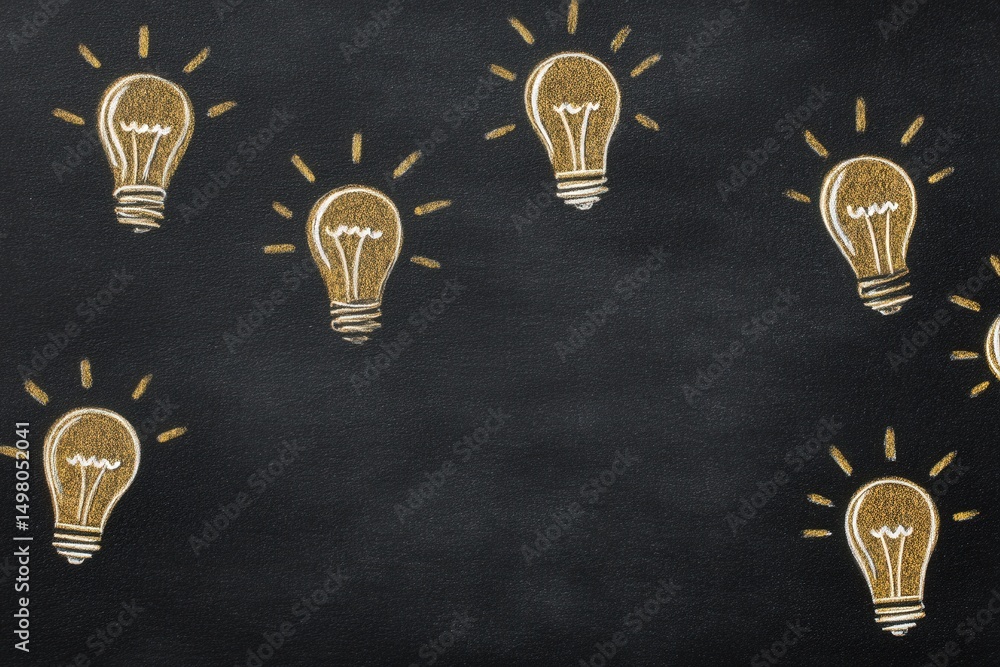 Illustrations of light bulbs with rays around them are drawn on a chalkboard background. This artwork evokes creativity and inspiration, making it suitable for educational or artistic settings.