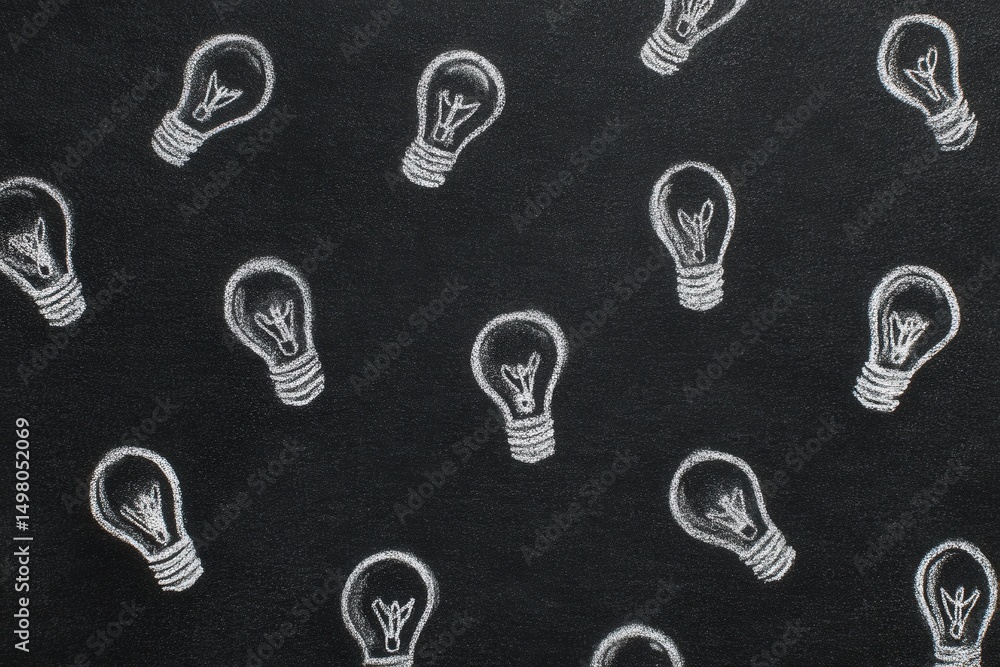 Chalk-drawn light bulbs are scattered across a dark chalkboard background, symbolizing creativity and inspiration.