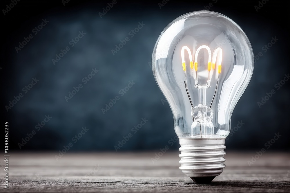 A glowing light bulb stands on a wooden surface. The warm light contrasts against a dark background, emphasizing the bulbs design and providing a cozy atmosphere just before dusk.