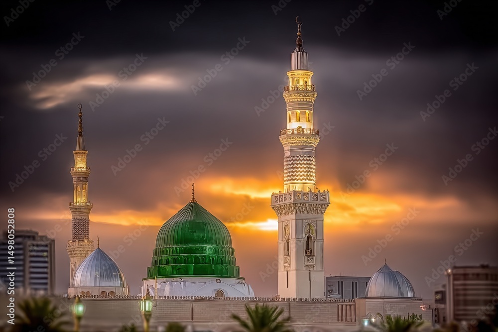 This captivating view showcases a historic mosque with a striking green dome and minarets silhouetted against a dramatic sunset. The scene reflects a blend of architectural beauty and natures colors.