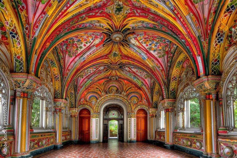 A grand hall displays an ornate ceiling adorned with vibrant colors and intricate patterns. Elegant arches frame doorways, leading to serene outdoor views in an inviting and artistic space.