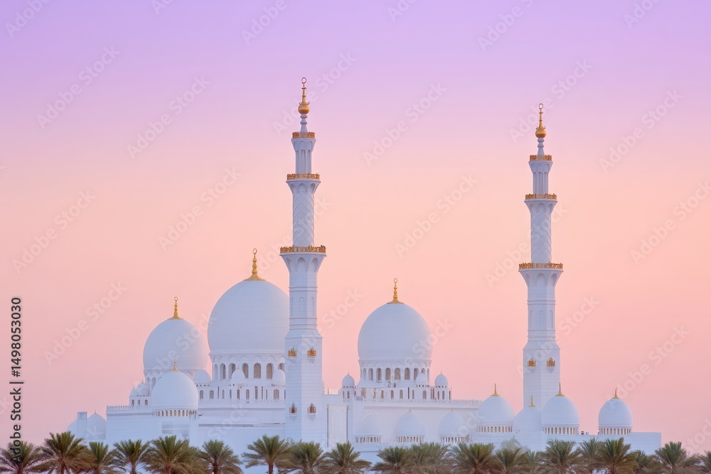 A stunning mosque features grand domes and towering minarets, beautifully illuminated during sunset. The pastel sky enhances the serene atmosphere, surrounded by lush palm trees.