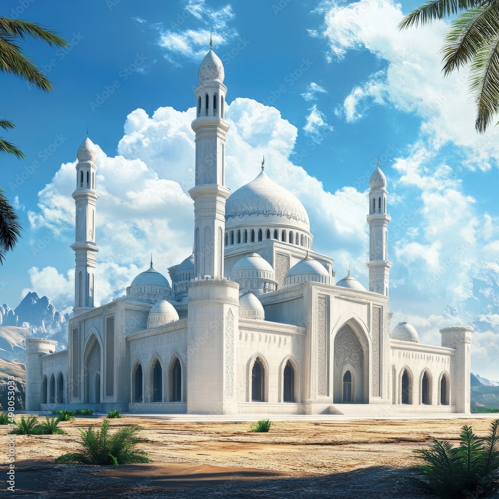 A beautiful white mosque features tall minarets and a large dome. Surrounded by palm trees, it stands against a vibrant blue sky with scattered clouds and distant mountains.