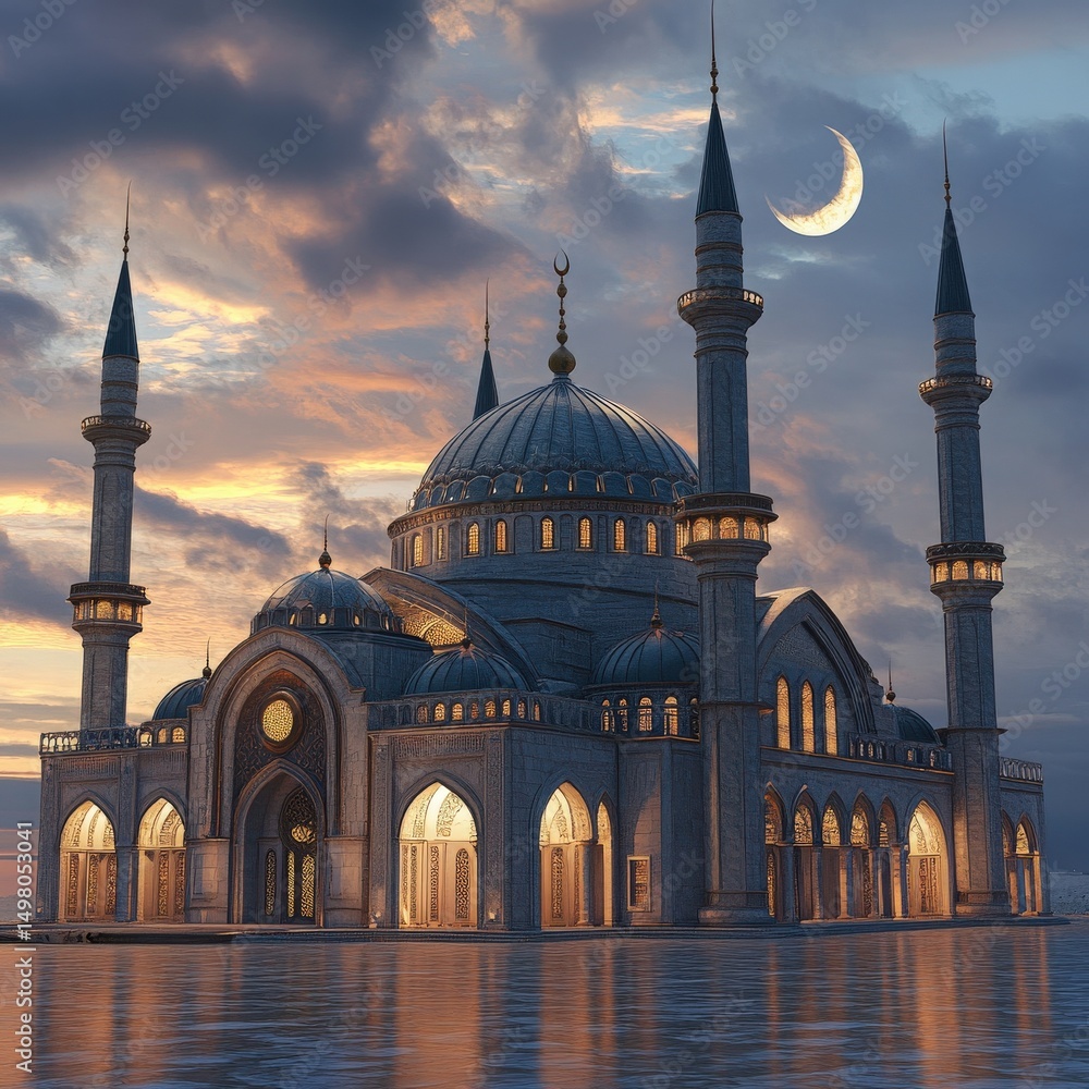 Luminous mosque stands elegantly against a twilight sky, highlighted by a crescent moon. The architecture features towering minarets and intricate designs, reflecting beautifully.