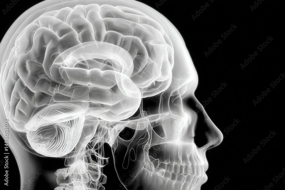 A detailed illustration showcases the human brains intricate structure alongside a skeletal profile.