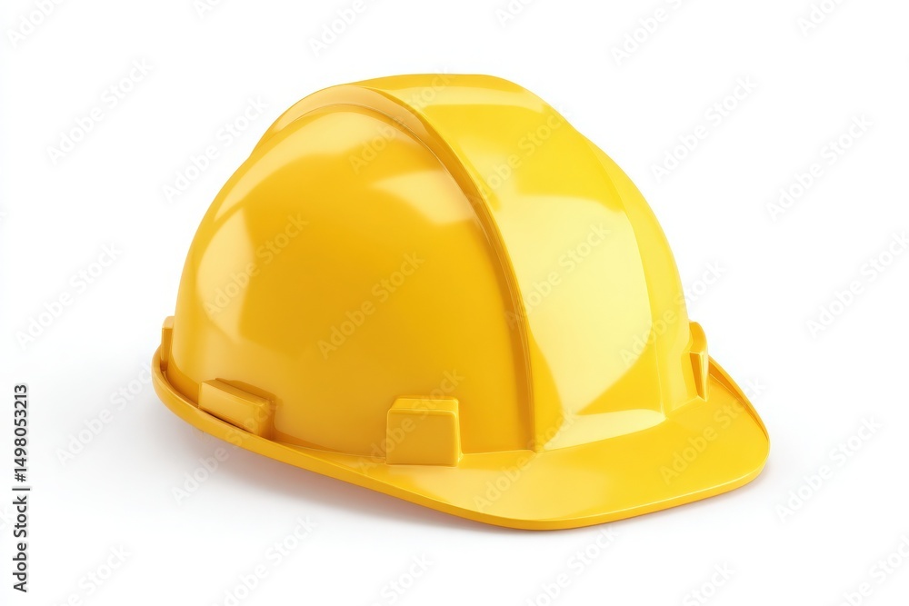A bright yellow hard hat rests on a plain white background, symbolizing safety gear used in construction and industrial settings. This essential equipment protects workers from head injuries.