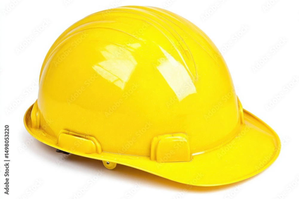 The bright yellow construction helmet is designed for safety in various work environments. Its hard exterior provides protection, making it an essential piece of equipment on construction sites.