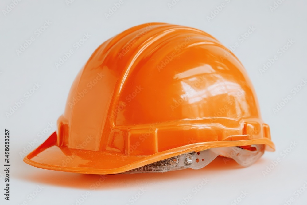 A bright orange hard hat rests on a plain light background, symbolizing construction safety and professionalism. Its an essential piece of safety equipment for workers on-site.