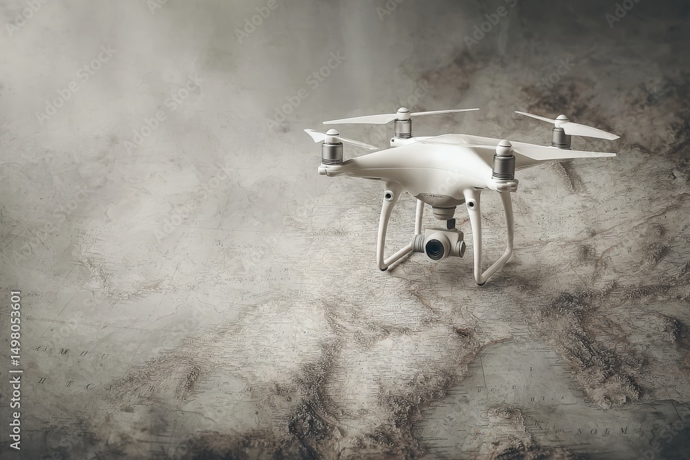A modern drone rests on an intricate vintage map, highlighting geographical features. The sunlight casts soft shadows, enhancing the vintage details of the terrain and its markings.
