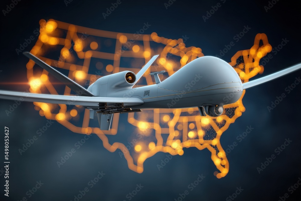 A drone is depicted flying above a glowing outline of the United States map, symbolizing advancements in aerial surveillance and monitoring technologies. The high-tech atmosphere suggests innovation.