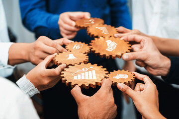 Fototapete - Team Collaboration and Cooperation with Interlocking Gears Symbolizing Business Strategy and Growth in a Modern Workplace Setting. Amity