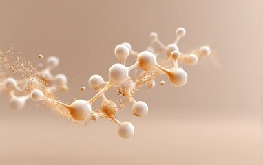 Wall Mural - digital molecule schematic dissolving near top right on pale beige solid backdrop with wide negative
