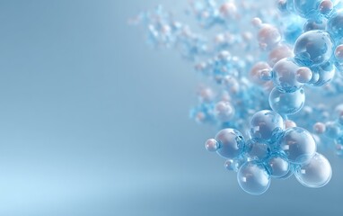 Wall Mural - molecule clusters drifting in upper right corner on pale gradient blue background with clean copy sp