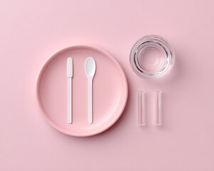 Wall Mural - pcr testing kit components neatly laid out on pastel pink solid background, top-down flat lay with e