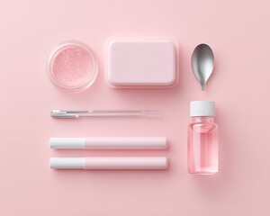 Wall Mural - pcr testing kit components neatly laid out on pastel pink solid background, top-down flat lay with e