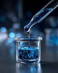 Wall Mural - realistic macro photo of pipette transferring blue liquid into a small beaker, glass texture and sur