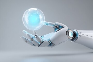 Wall Mural - robotic hand reaching toward a floating light-blue orb, studio shot on light gray background with la