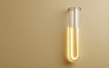Wall Mural - single glowing test tube on gradient cream backdrop positioned in lower corner with empty margins,
