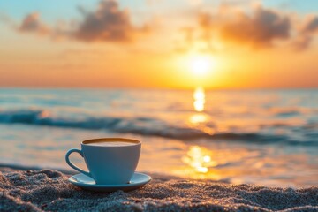 Wall Mural - Enjoying a peaceful morning coffee by the shore as the sun rises over the horizon, Coffee cup on the shore with rising sun in the background Serenity and morning calm concept