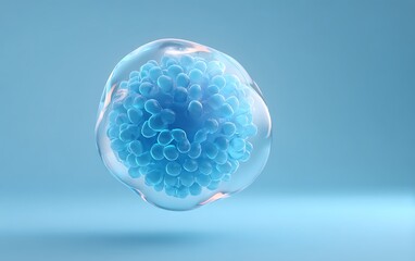 Wall Mural - spherical microbe rendered in glass, floating near corner on solid pale blue background with ample n
