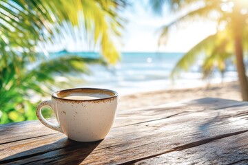 Wall Mural - Enjoying coffee on a rustic table overlooking the serene sea and palm trees during a sunny day, Coffee cup on a rustic table with a view of the sea and palm trees Relaxing beach  concept
