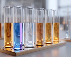 Wall Mural - stacked chromatography columns and tubes aligned on off-white surface with negative space,