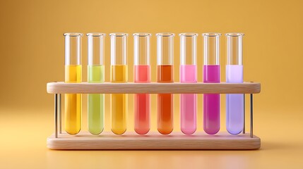 Wall Mural - test tube rack with multicolored solutions on soft yellow solid background, wide format with copy sp