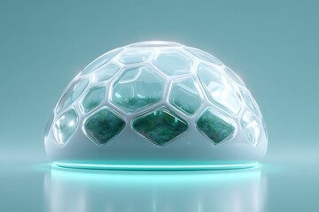 Wall Mural - transparent bio-dome model on soft teal background, futuristic eco-lab concept with copy space,