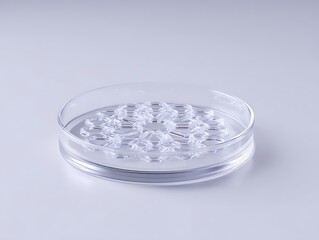 Wall Mural - transparent petri dish with geometric patterns on soft white background, center focus with room to e