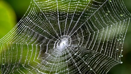 A shimmering spiderweb glistens with dew drops in a lush, vibrant green forest with intricate patterns and nature's delicate beauty
