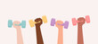 © Alrika  - Hands of women of different skin tones holding up colorful dumbbells. Flat vector illustration