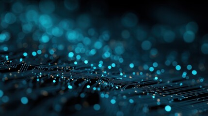 Abstract dark surface with glowing blue dots bokeh effect close up.