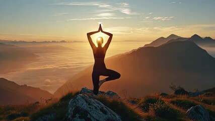 Poster - Sunrise yoga practice on mountain peak with breathtaking views overlooking the horizon and misty valleys in tranquil nature setting