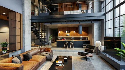 Aufkleber - Stylish loft interior with modern design and large windows showcasing open living space in 4k resolution