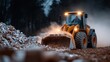 © Evgenii - Heavy machinery moves dirt and debris on a construction site at dawn. excavator clears a pathway while creating a cloud of dust and showcasing work in progress