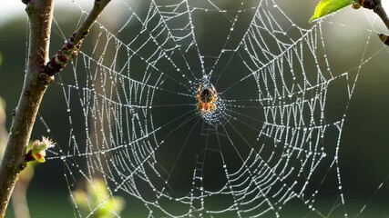 Sunlit Spider Web Covered in Glistening Dew Droplets Nature Macro