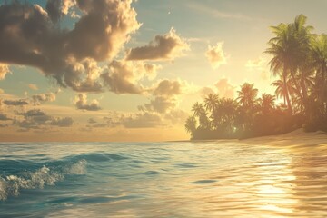 Wall Mural - Tropical paradise sunset over serene beach with palm trees and calm ocean waves, Animated background of tropical island and beach in summer at sunset ing time-lapse Photo