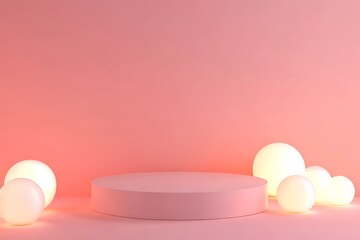 Sophisticated, minimalist product display featuring a round, light pink podium draped with flowing pink fabric and accented by two transparent sphere-shaped objects