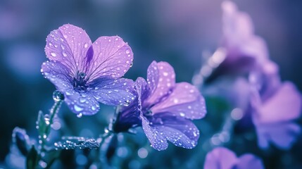 Wall Mural - Delicate Purple Flowers with Drops of Water in Soft Light Background