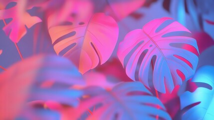 Wall Mural - Vibrant Monstera Leaves with Colorful Neon Light Effects