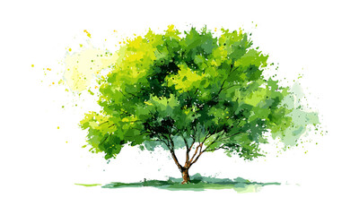 watercolor green tree with leafy crown, stylized summer illustration, brush stroke texture, eco conc