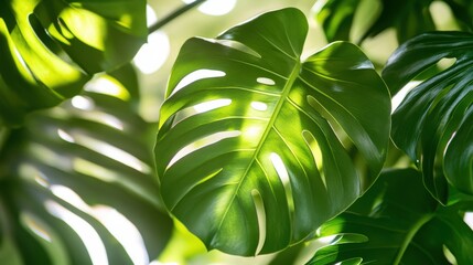 Wall Mural - Lush Green Monstera Leaves with Natural Light Through Foliage