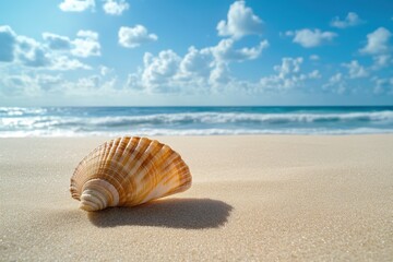 Wall Mural - Seashell resting on sandy beach under bright sunlight and blue sky with gentle ocean waves, Seashell sits on sandy beach under blue sky, with sunlight creating shadows